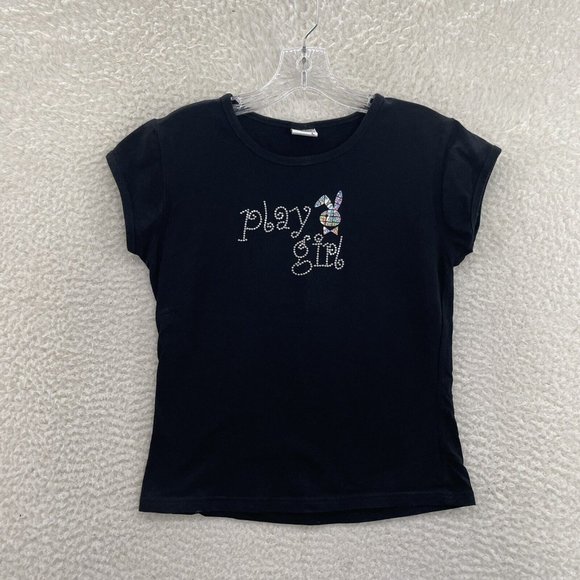 Unsure Tops - Play Girl Studded Metallic Playboy Bunny Short Sleeve T-Shirt Womens L Large